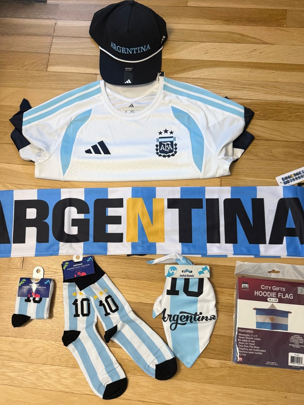Argentina Fan Set: adidas Jersey/hat, national Flag, Messi Socks (2), FIFA scarf